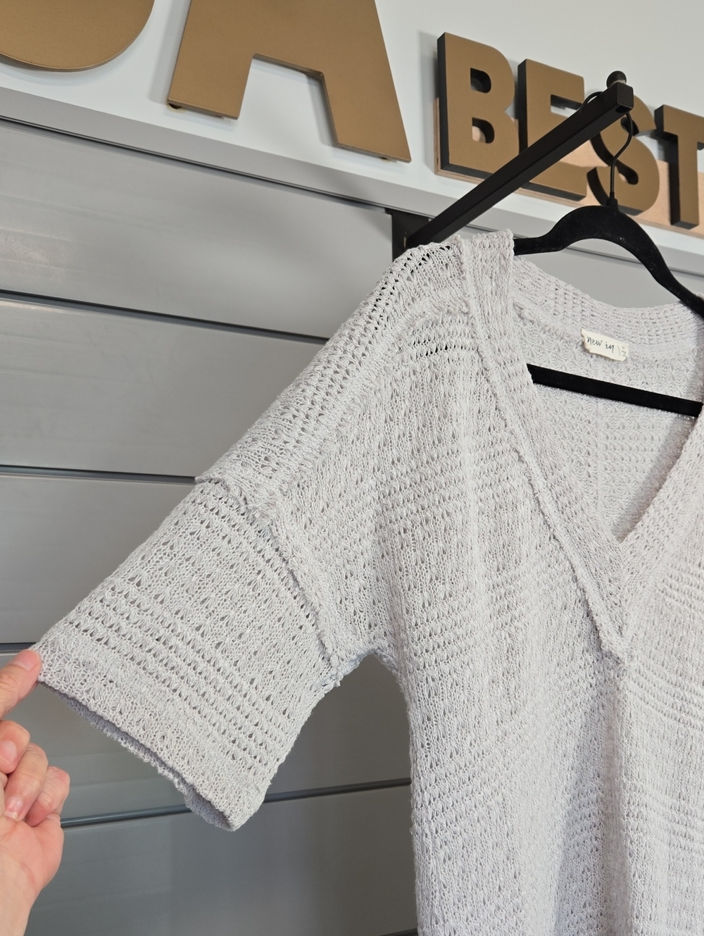 New In Light Gray Open-Knit V-Neck Short Sleeve Top